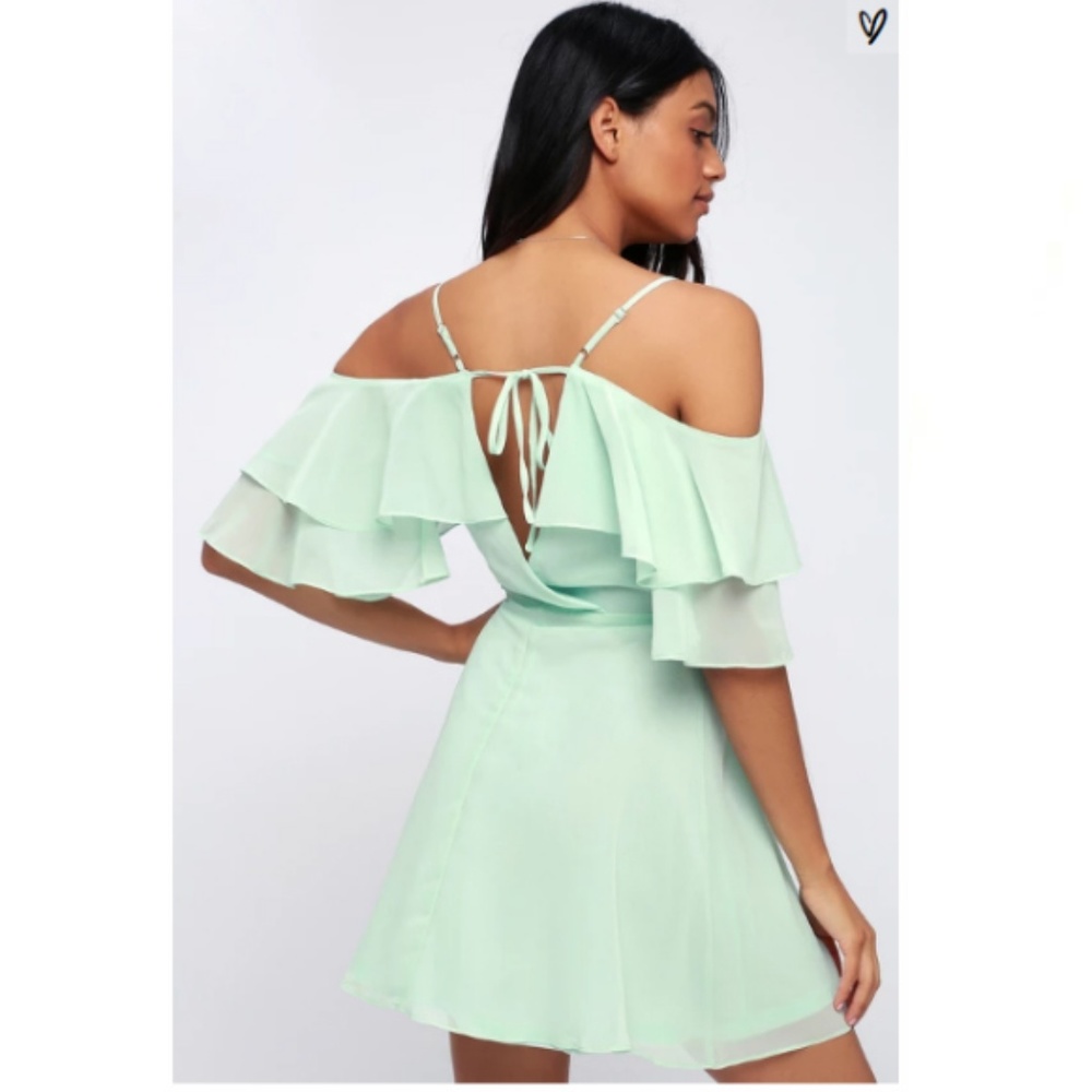 SOLD Lulu's Mint Off Shoulder Ruffle Skater Dress - Picture 4 of 5